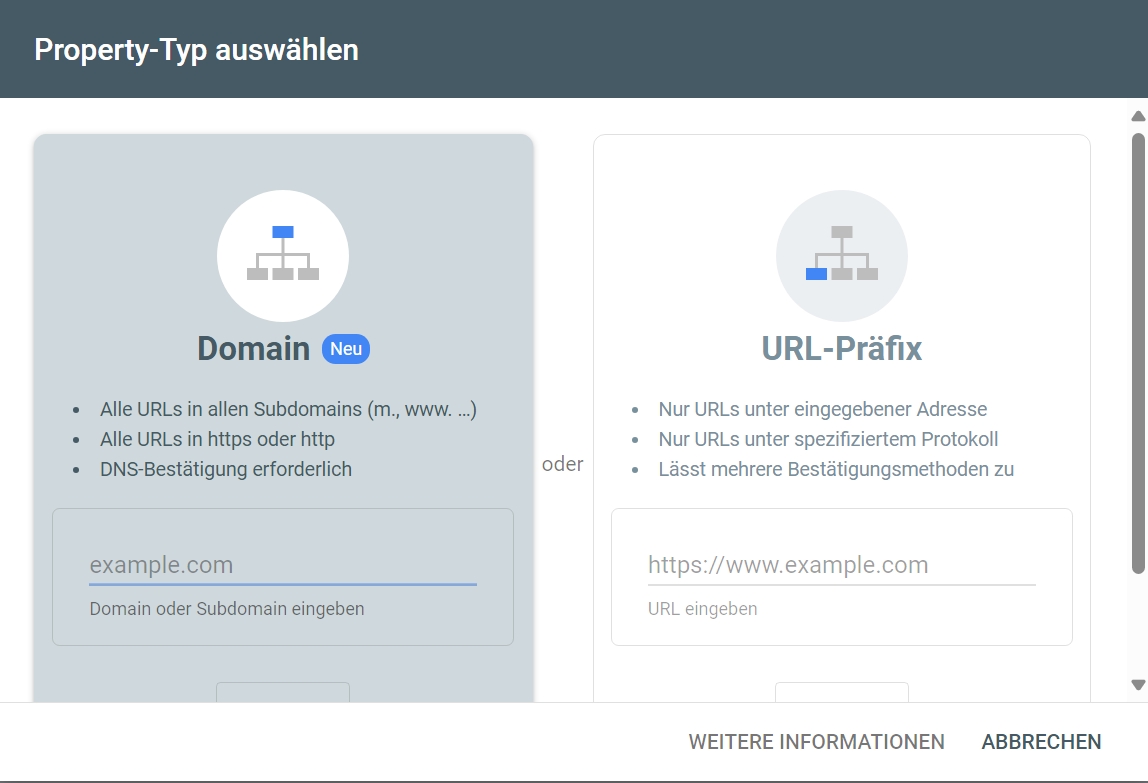 Google Search Console Property-Typ auswählen