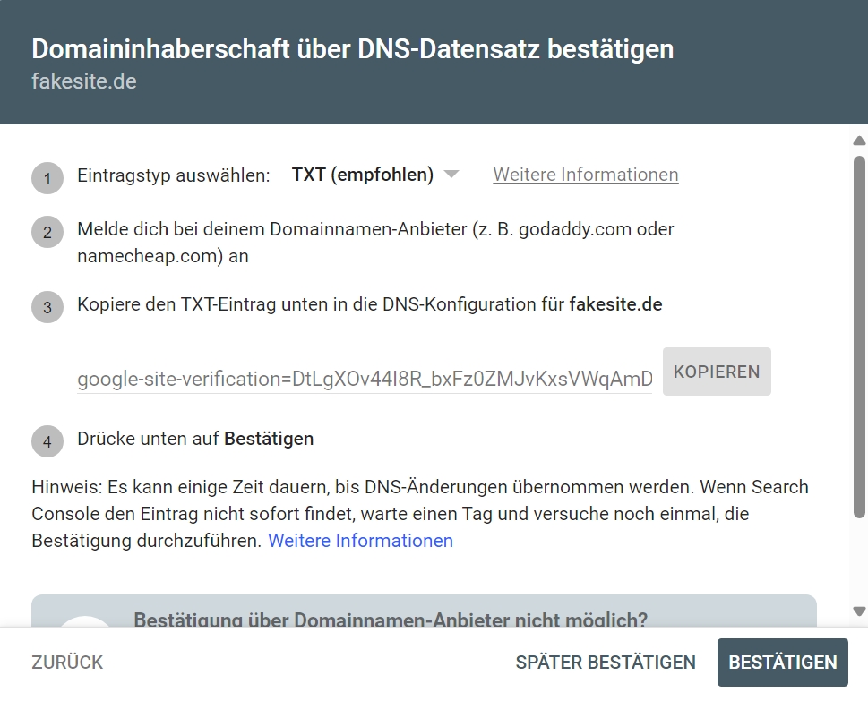 Google Search Console Domaininhaberschaft bestätigen