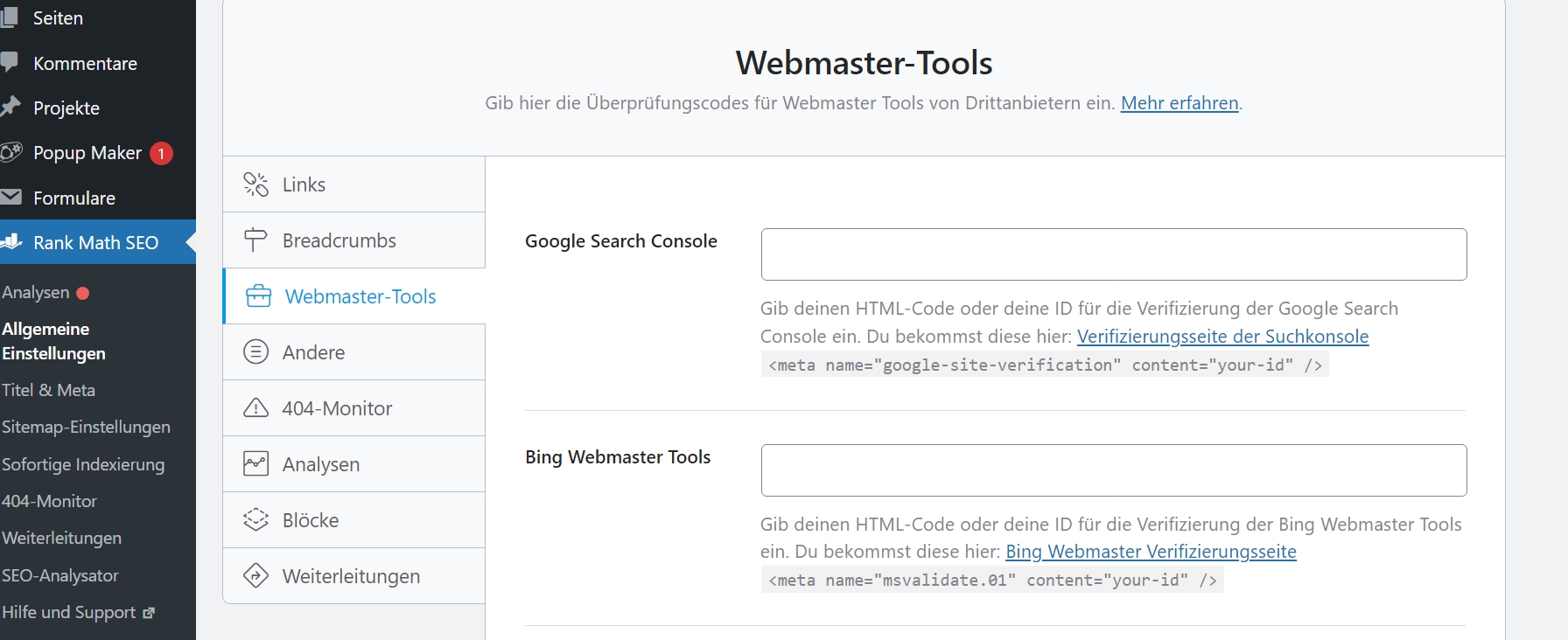 Google Search Console - TXT-Code in SEO Plugin einfügen